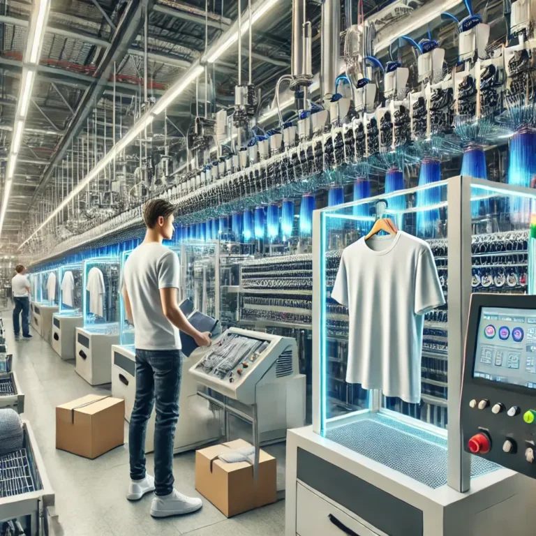 A man inspects knitted shirts in a modern RTW apparel factory filled with automated machines.