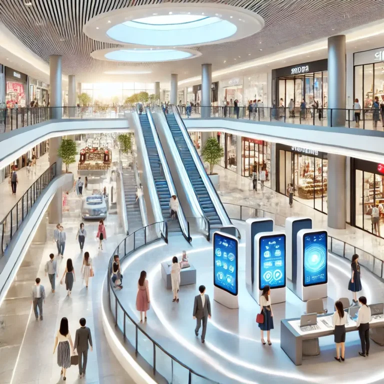 A modern shopping mall with consumers interacting in a tech-enhanced retail environment.