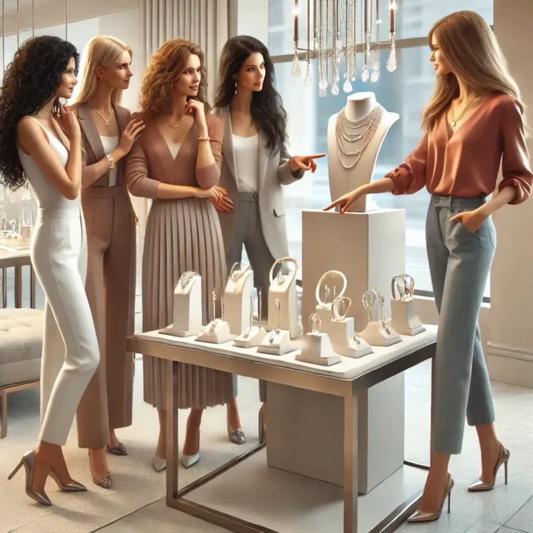 Five women discussing jewelry at a display stand.