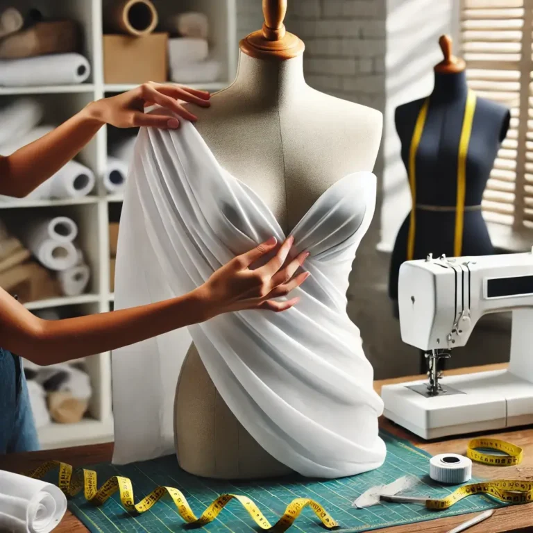 A skilled patternmaker draping fabric on a mannequin to create a garment pattern.