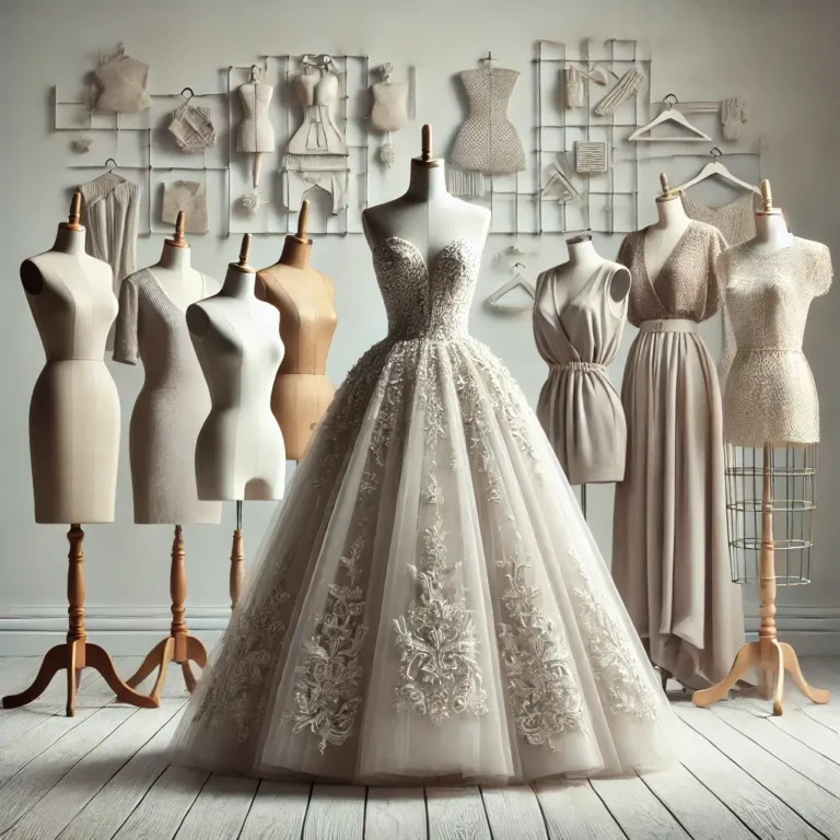 Mannequin wearing a glamorous ballgown, surrounded by clothing items on hangers.