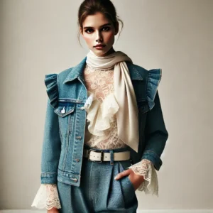 Model wearing a blue denim jacket with ruffles at the sleeve