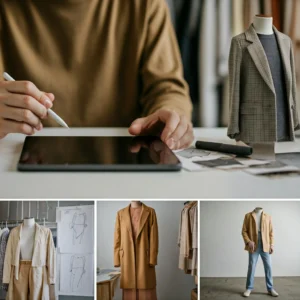 Designer reviewing fabrics and sketches for a new product line