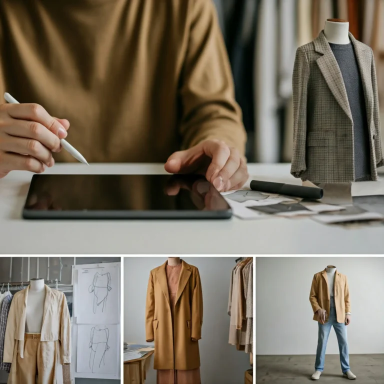 Designer reviewing fabrics and sketches for a new product line