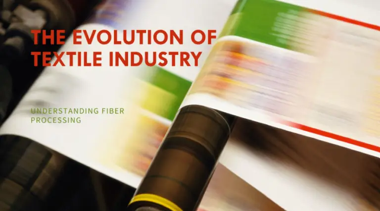 Stages of textile production: fiber processing, yarn spinning, and fabric production.