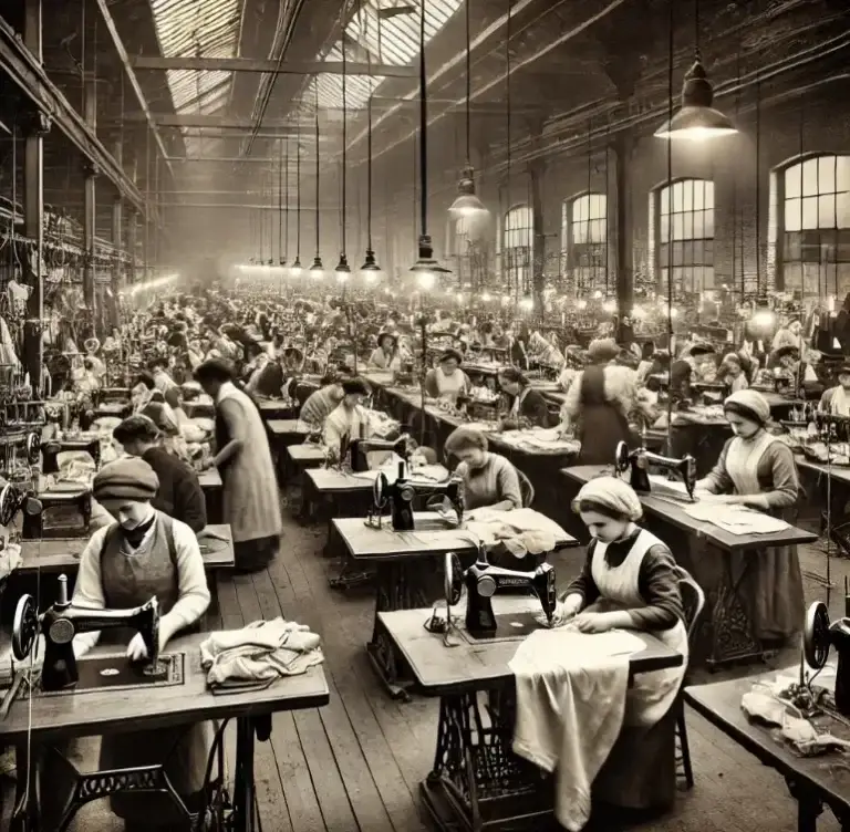 Early 20th-century factory workers sewing garments in a ready-to-wear clothing factory.