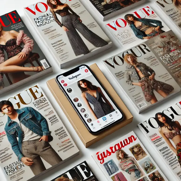 Fashion magazines next to a smartphone displaying fashion content on social media