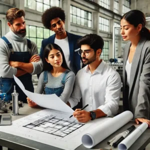 A technical designer reviewing garment patterns with a manufacturer to ensure quality and fit.