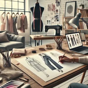 Fashion designer workspace with sketching tools, fabrics, and a laptop, showcasing the apparel design process.