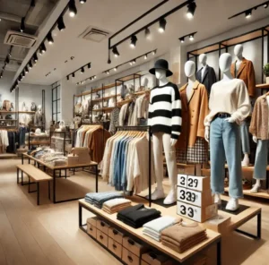 Fashion retail space showcasing an assortment of apparel on mannequins and shelves with clear pricing labels, illustrating the merchandising process.