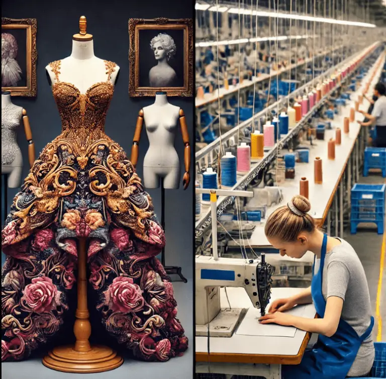 Comparison between couture and ready-to-wear fashion showcasing handcrafted couture and machine-made RTW
