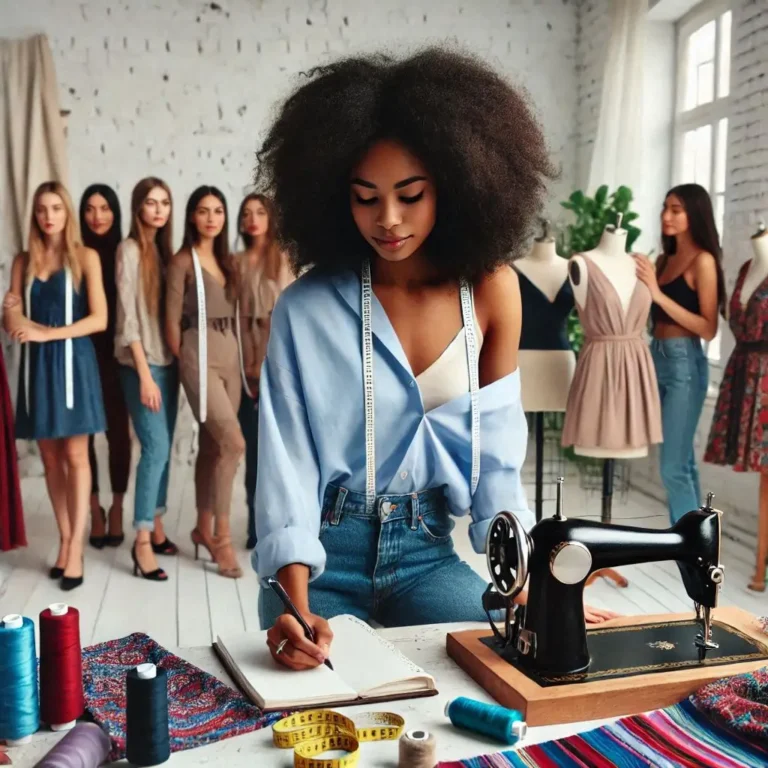 A fashion designer sketching a new clothing design.