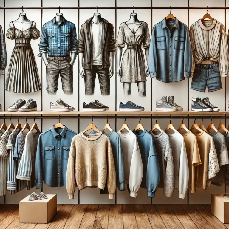 A collection of stylish clothing items arranged on hangers and shelves, featuring various designs, colors, and materials.