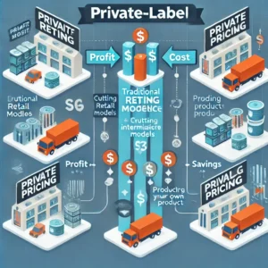 An infographic comparing traditional retail pricing models to private-label pricing, with icons representing profit, cost, and savings.