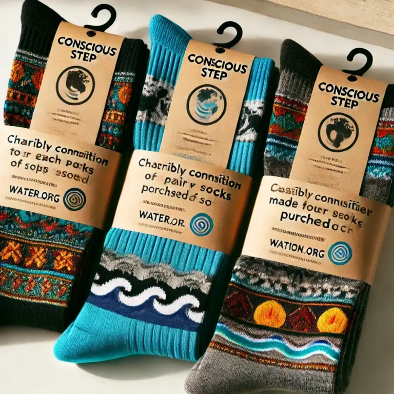 Conscious Step socks displayed with donation information to nonprofit organizations.
