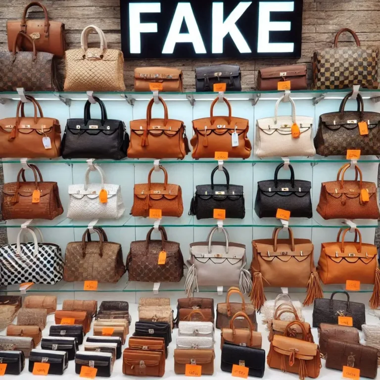 A display of fake, or knockoff, designer handbags, purses, and wallets.