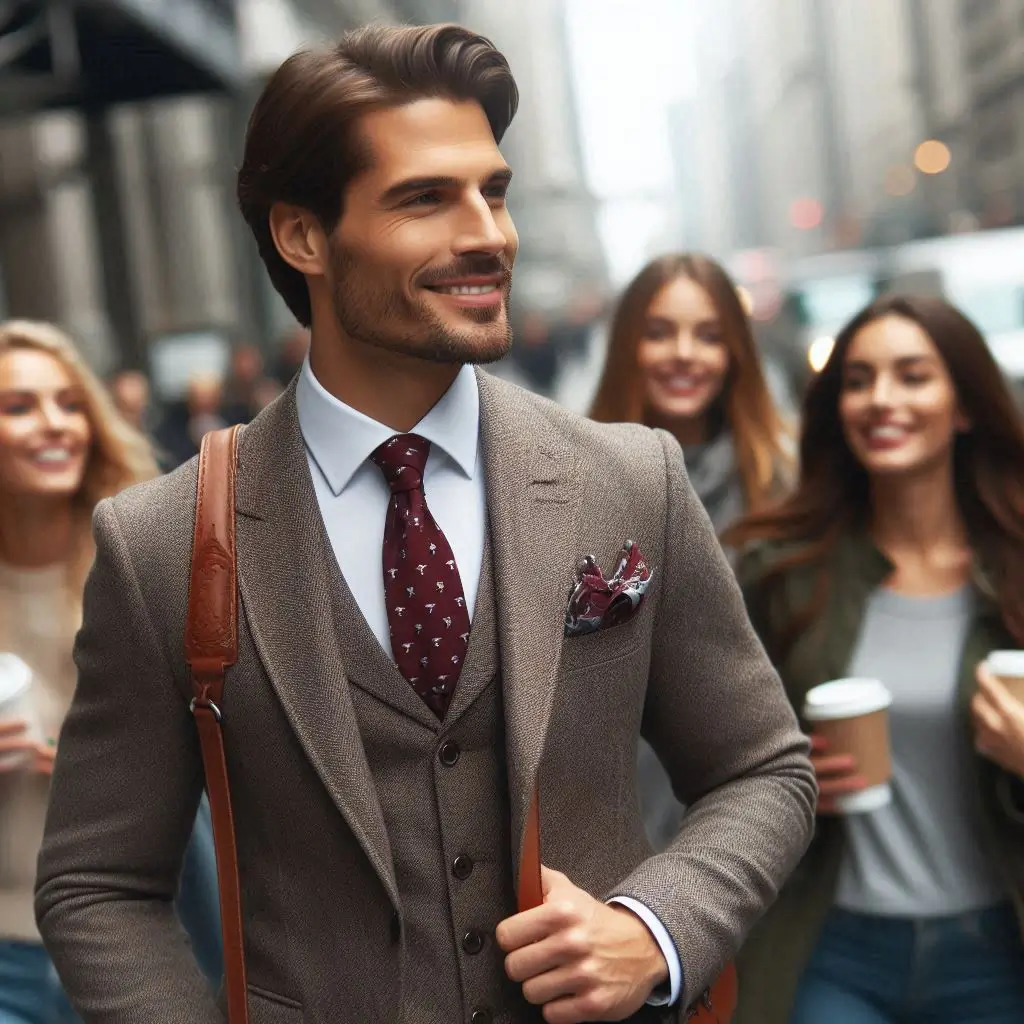 A confident, well-dressed man walking down a city street, drawing appreciative glances from people around him.