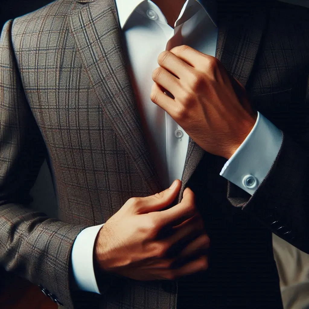 Close-up of a man adjusting his perfectly tailored suit jacket, emphasizing the fit and fabric quality.