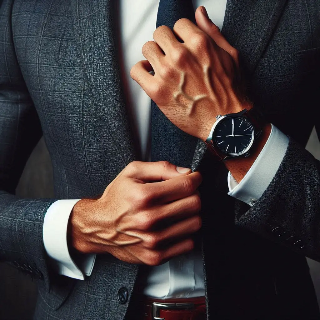 A man wearing a classic watch and tailored clothing that flatters his build, exuding confidence.