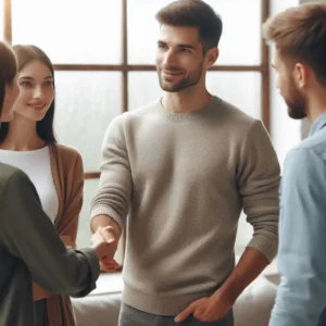 A man in a relaxed sweater engaging warmly with others, highlighting approachability.