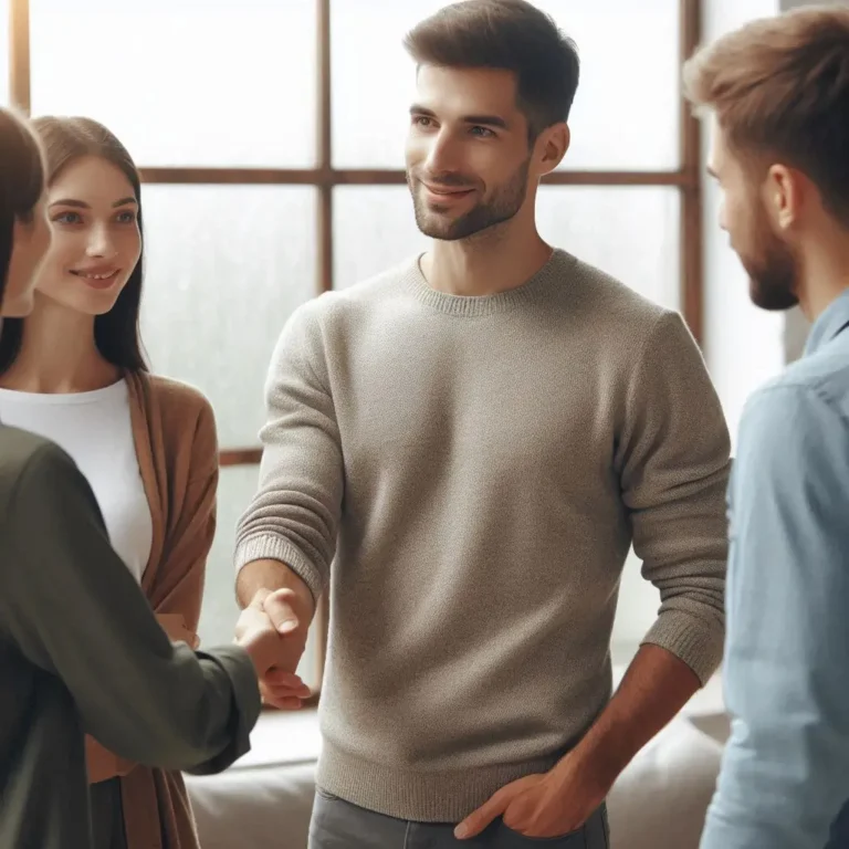 A man in a relaxed sweater engaging warmly with others, highlighting approachability.