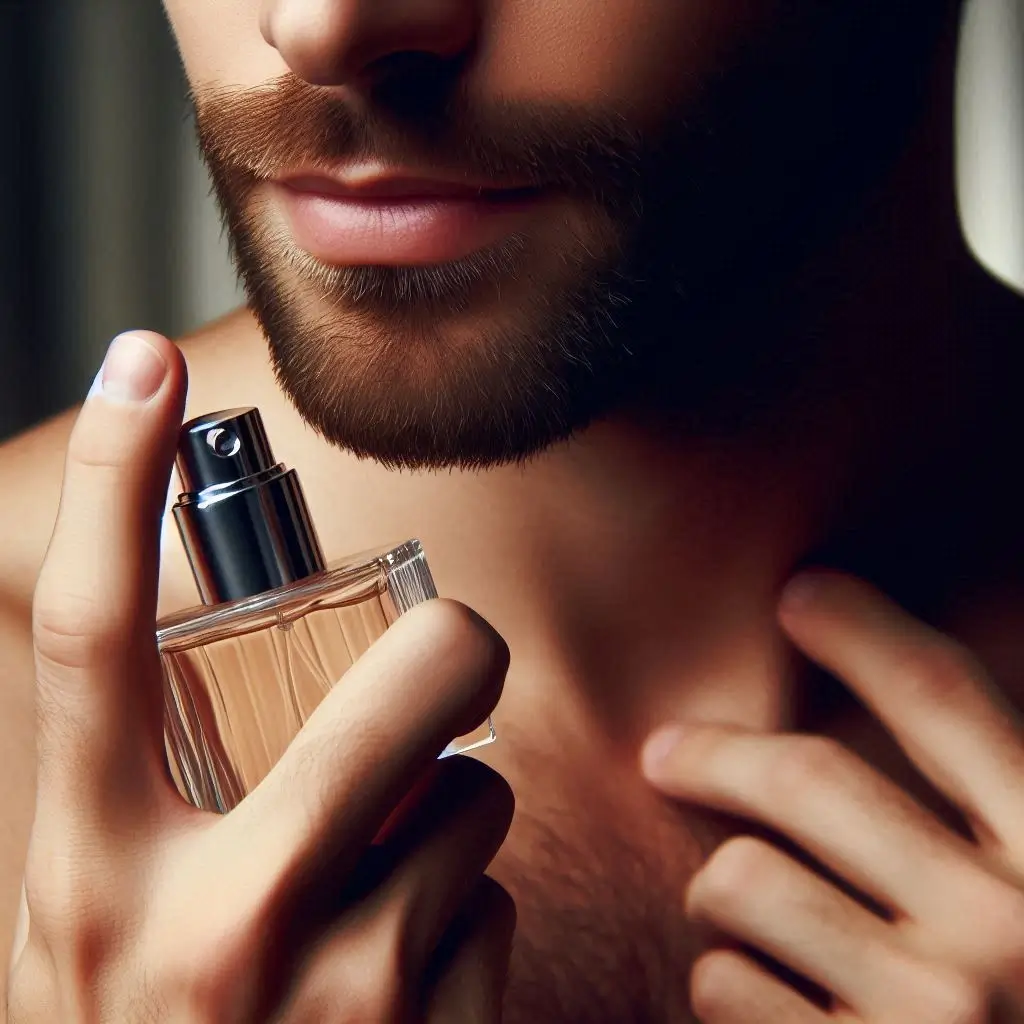 Close-up of a man applying a light cologne, showcasing personal grooming.