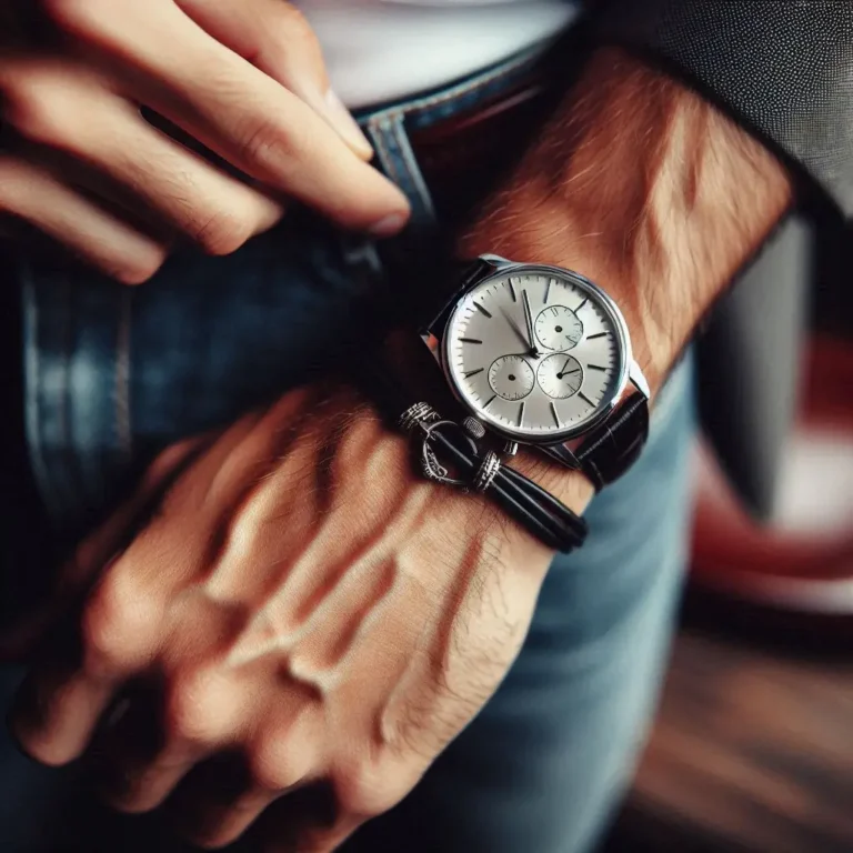 Focus on wrist accessories like a classic watch and simple bracelet on a man's wrist.