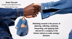 Two people wearing denim jackets are shaking hands. The image includes contact information for Antor Hossain and a quote about marketing research in the fashion industry. There is also an inset image of a person wearing a denim outfit.