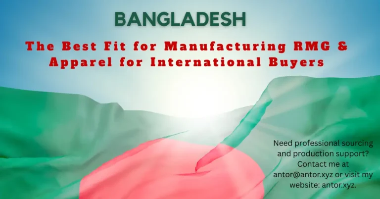 An image emphasizing Bangladesh’s strength in ready-made garment (RMG) and apparel manufacturing for international buyers, with contact details for sourcing and production support.