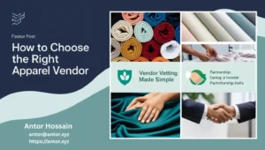 Feature image for the article How to Choose the Right Apparel Vendor showing fabric rolls, quality checks, and a business handshake, emphasizing vendor vetting and partnerships.