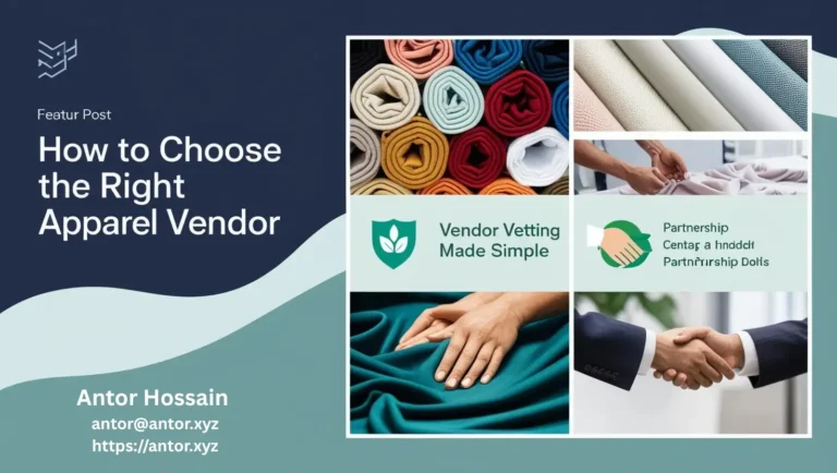 Feature image for the article How to Choose the Right Apparel Vendor showing fabric rolls, quality checks, and a business handshake, emphasizing vendor vetting and partnerships.