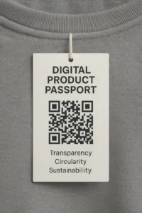 Digital product passport concept with QR code on clothing tag