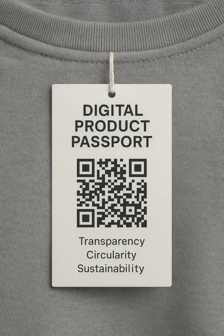 Digital product passport concept with QR code on clothing tag
