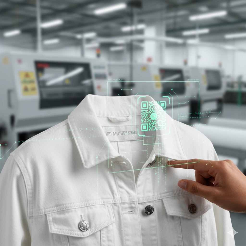 White denim jacket with a glowing green digital QR code overlay and data streams, being touched by a finger in a blurred modern factory setting.