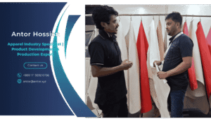 Antor Hossain consulting with a fabric supplier in a textile showroom.