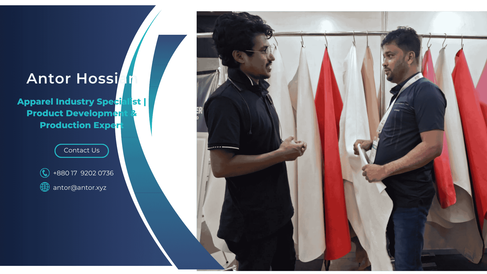 Antor Hossain consulting with a fabric supplier in a textile showroom.