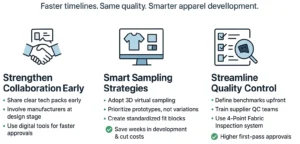 Infographic showing three tips for global apparel brands to speed up product development without compromising quality.
