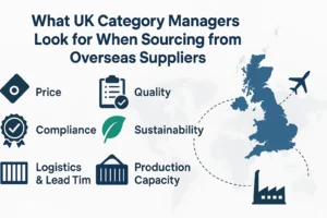 Infographic showing key factors UK category managers consider when sourcing apparel from overseas suppliers, including price, quality, compliance, sustainability, logistics, and production capacity.