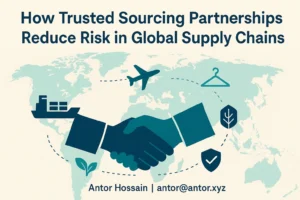 Global supply chain infographic showing interconnected factories, cargo ships, airplanes, clothing icons, and risk shields representing trusted sourcing partnerships in apparel industry.