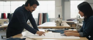 Antor Hossain, an apparel development expert, collaborates with a designer on a technical pattern, demonstrating the hands-on partnership essential for a new fashion brand's success.