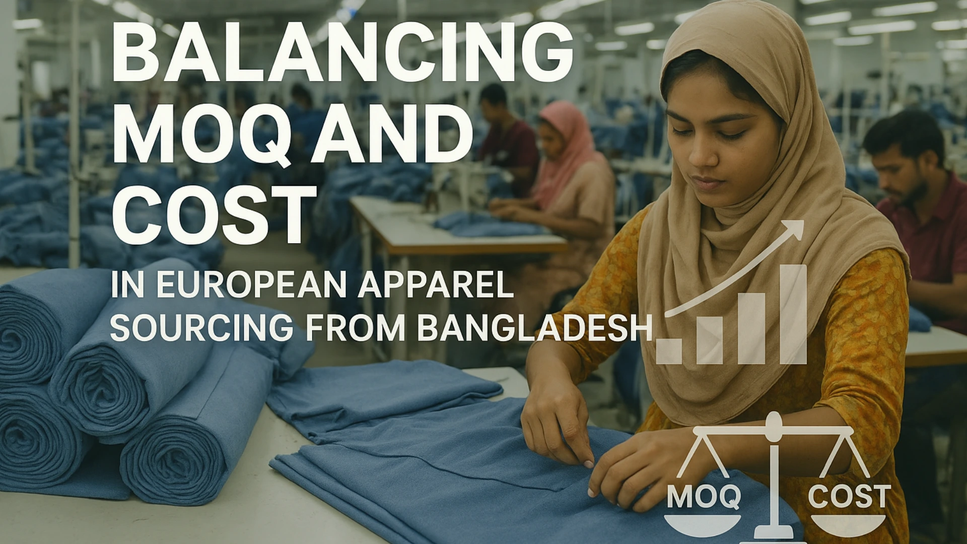 Realistic image of a Bangladeshi garment factory showing fabrics, workers, and production lines, illustrating the balance of MOQ and production cost for European retailers.
