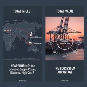 Nearshoring Apparel Trap: Total Value vs Total Miles - A visual comparing the hidden costs of nearshoring with the ecosystem advantage of Bangladesh.