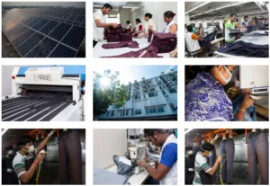 Overview of Azmat Group garment facilities in Bangladesh including solar panels, sewing lines and washing units