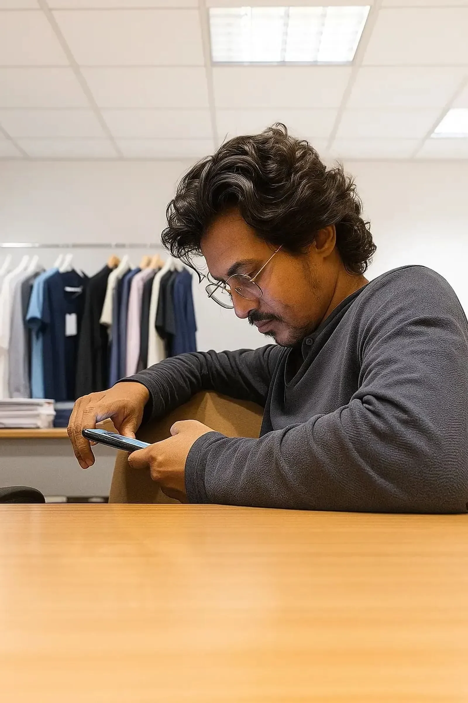 Antor Hossain reviewing apparel samples and managing sourcing work inside a Bangladesh garment office.