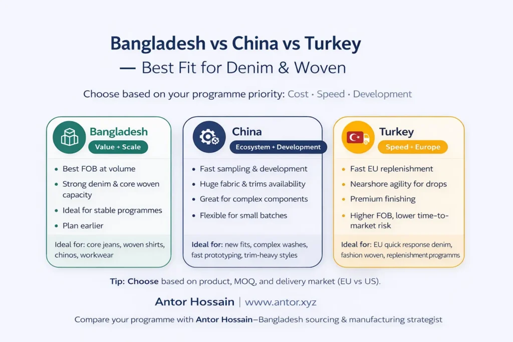 Bangladesh vs China vs Turkey sourcing decision matrix for denim and woven – value scale, ecosystem development, speed to Europe