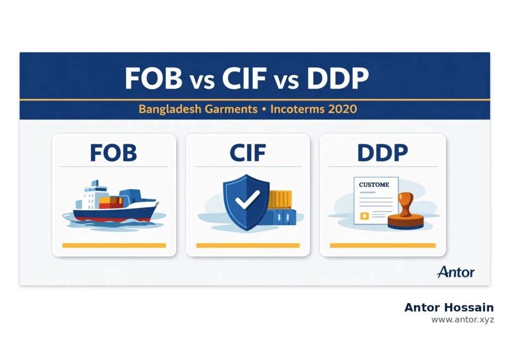 FOB vs CIF vs DDP Incoterms 2020 comparison for Bangladesh garment shipments