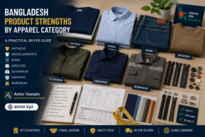 Bangladesh product strengths by apparel category guide by Antor Hossain showing knitwear, woven garments, denim, sweaters, outerwear, uniforms, and workwear samples for buyer sourcing planning