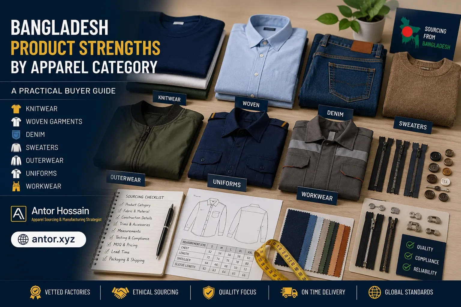Bangladesh product strengths by apparel category guide by Antor Hossain showing knitwear, woven garments, denim, sweaters, outerwear, uniforms, and workwear samples for buyer sourcing planning