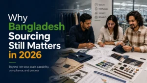 Bangladesh apparel sourcing meeting with garment samples, denim swatches, tech pack, production plan, and supplier review documents