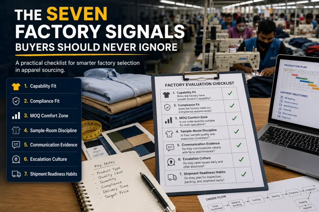 Factory signals checklist for apparel buyers reviewing garment factory capability, compliance, MOQ, sampling, communication, and shipment readiness